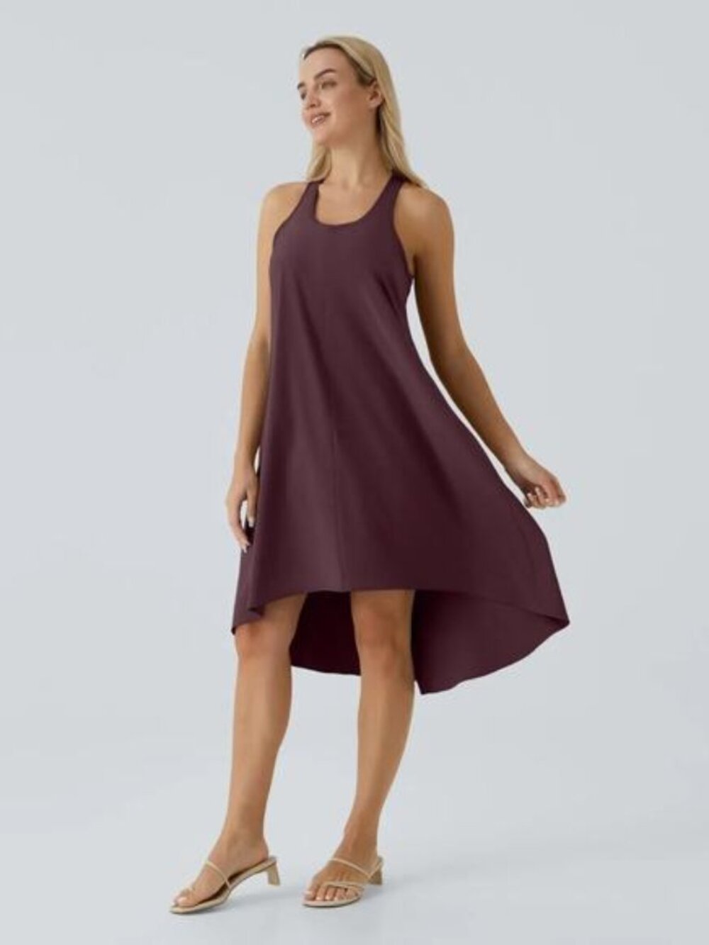 Halara Midi Tank Dress, Large, Plum Purple Hi-Low Racerback Built In Bra Pockets